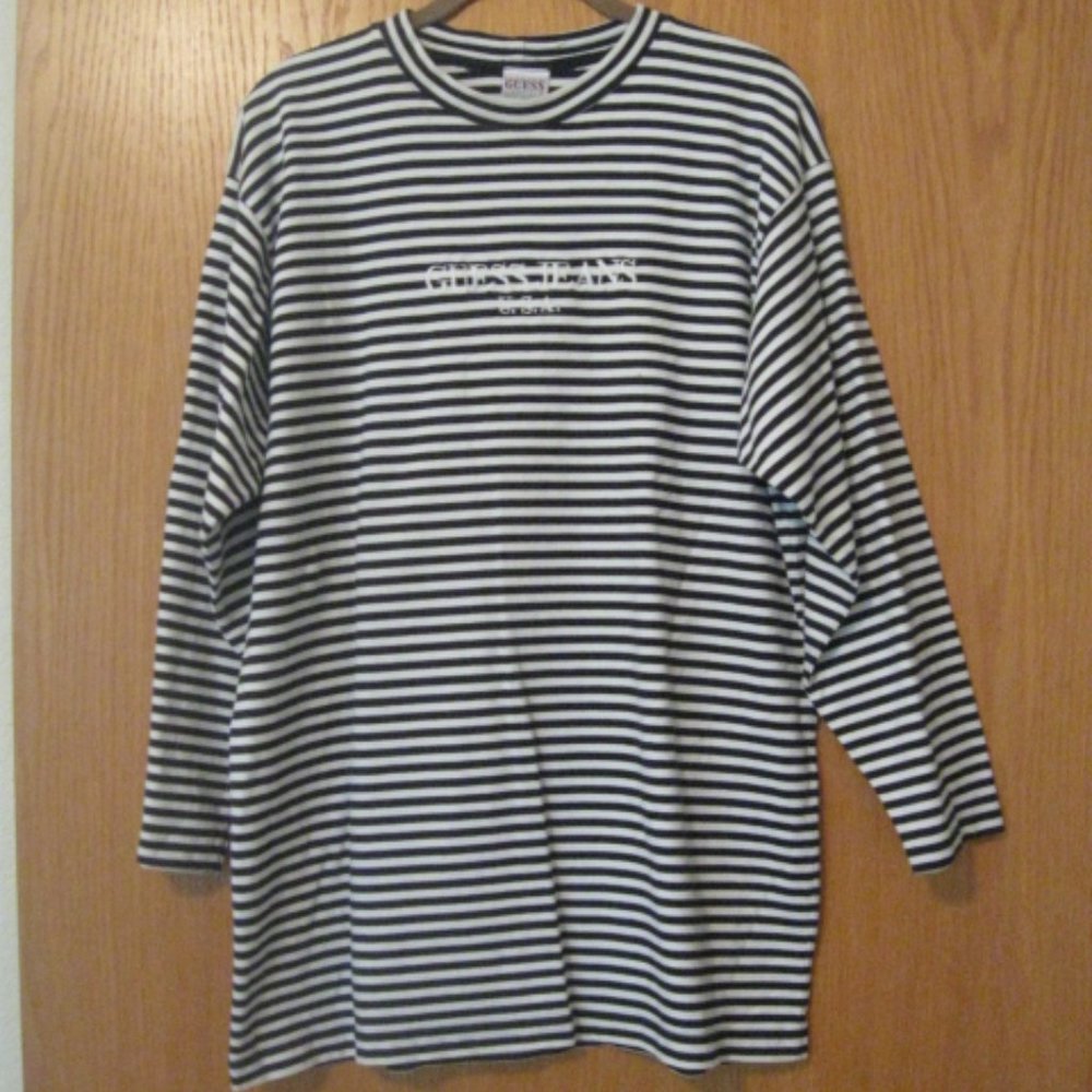 Guess "Guess Jeans U.S.A." Black and White Striped Long Sleeve Shirt